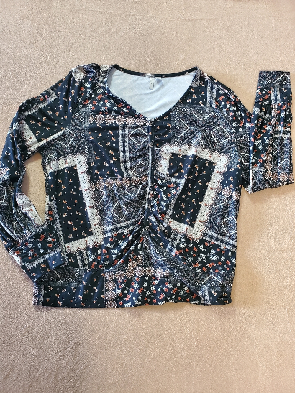 Womens Black Patchwork Print Long Sleeve Top